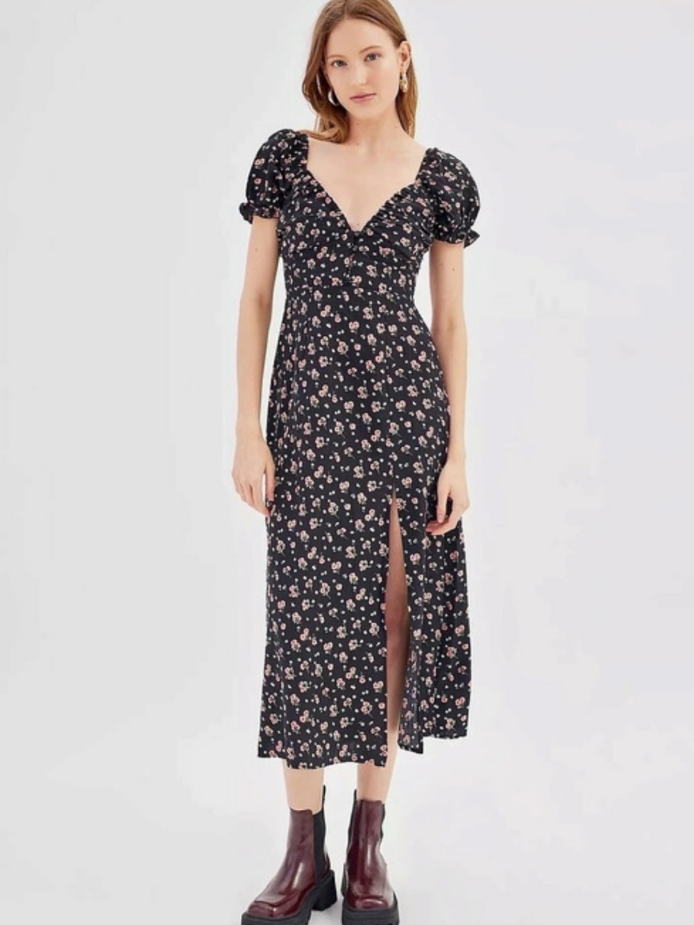 Kiss The Sky Floral Puff Sleeve Midi Dress Black & Pink (Urban Outfitters)